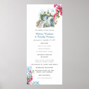 Poster Programme de mariage floral à carreaux bleus   Grè