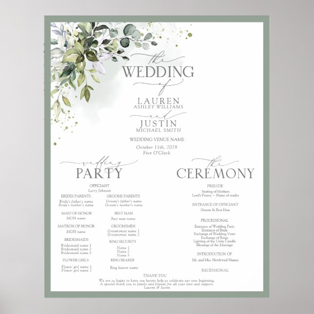 Poster Programme de mariage floral de verdure botanique (Devant)