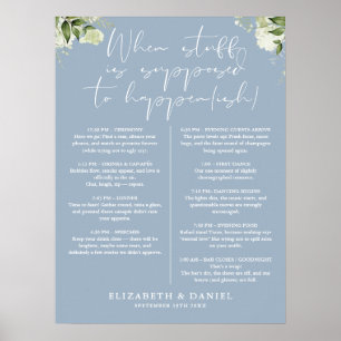 Poster Programme de mariage floral verdoyant bleu poussié