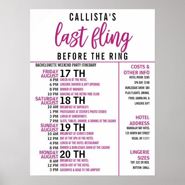 Poster Programme de soirée de bachelorette rose girly et  (Devant)