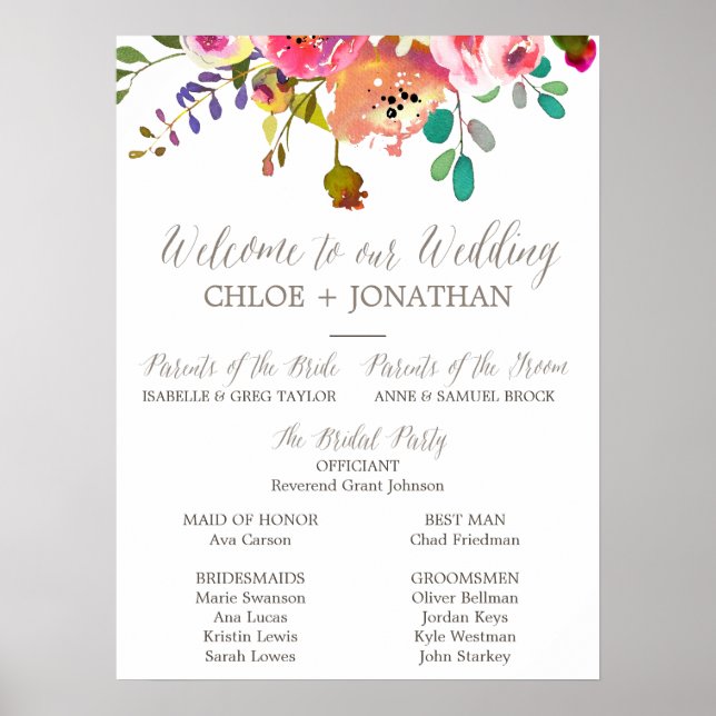 Poster Programme simple de mariage floral Bouquet d'aquar (Devant)