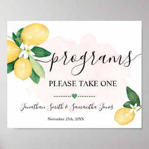 Poster Programmes Cérémonie de Mariage Lemons Pink Sign