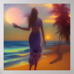 Poster Promenade au clair de lune femme palmiers océaniqu