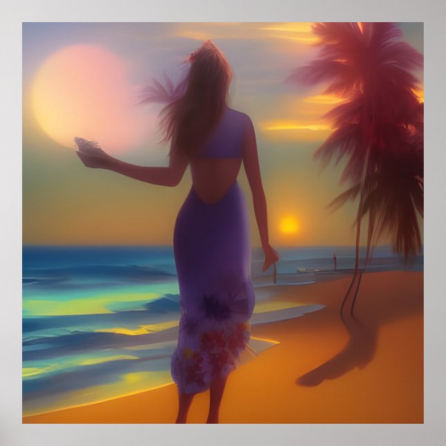 Poster Promenade au clair de lune femme palmiers océaniqu (Devant)
