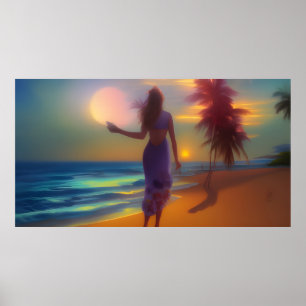 Poster Promenade au clair de lune sur la plage femme océa