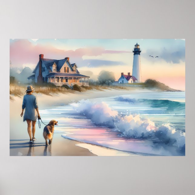 Poster Promenade côtière jusqu'au phare au coucher du sol (Devant)