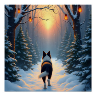 Poster Promenade de Border Collie dans une forêt enneigée