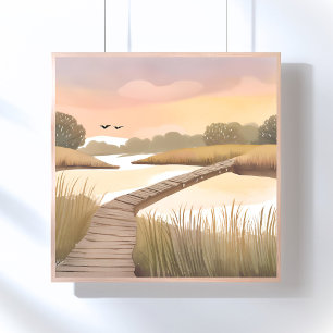 Poster Promenade de la baie Peinture aquarelle côtière