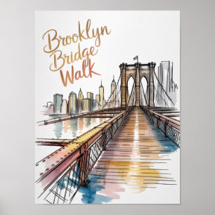 Poster Promenade du pont de Brooklyn à l'encre et à l'aqu