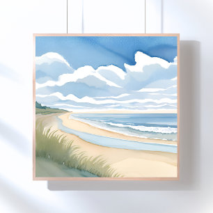 Poster Promenade du rivage   Aquarelle de l'océan côtier