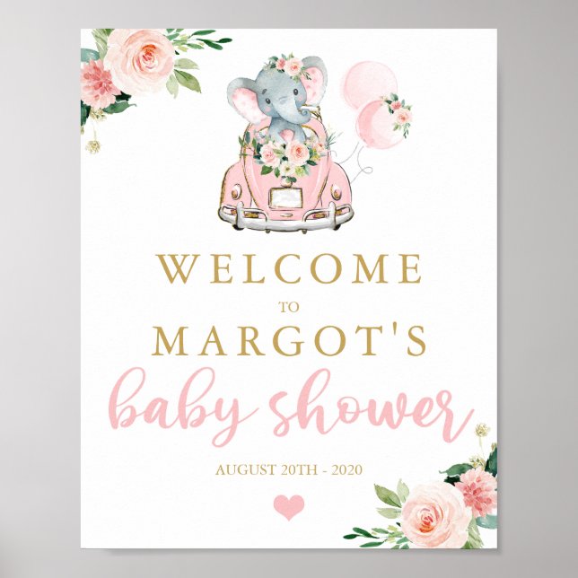 Poster Promenade Elephant Par Baby shower Rose Roses Bien (Devant)