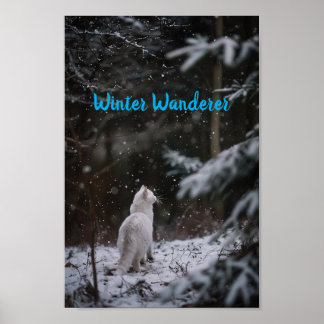 Poster Promenade hivernale : Chat blanc dans la neige