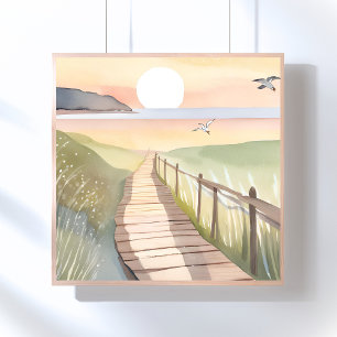 Poster Promenade Océanique   Aquarelle Coucher de Soleil 