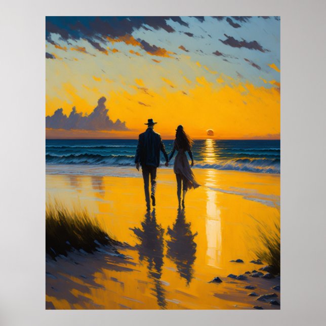 Poster Promenade romantique, couple sur la plage peinture (Devant)