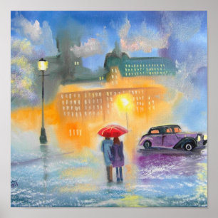 Poster Promenade romantique de couples de parapluie rouge