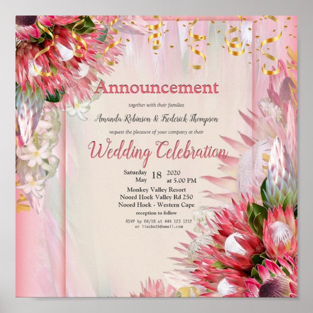 Poster Protea Fuchsia avec Blush & Gold Faire-part (Devant)