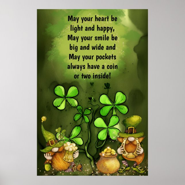 Poster Proverbe irlandais, Clovers et Leprechaun Gnomes (Devant)