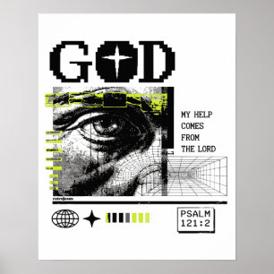 Poster Psaume 121:2 Neon Lime Œil de Dieu CRT Glitch Art
