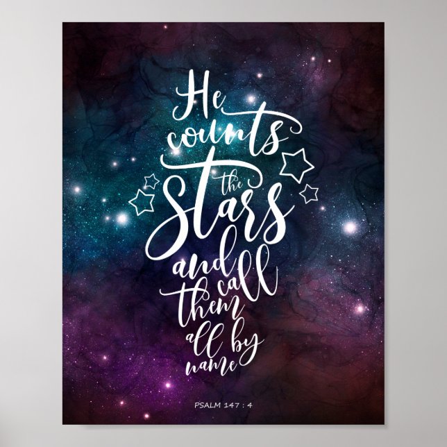 Poster Psaume 147:4 Il compte la Bible des étoiles (Devant)