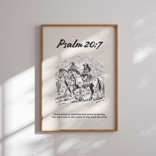 Poster Psaume 20:7 Équitation à cheval noir et blanc (Créateur téléchargé)