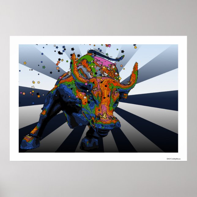 Poster Psychedelic NYC : Charging Bull of Wall Street (Devant)