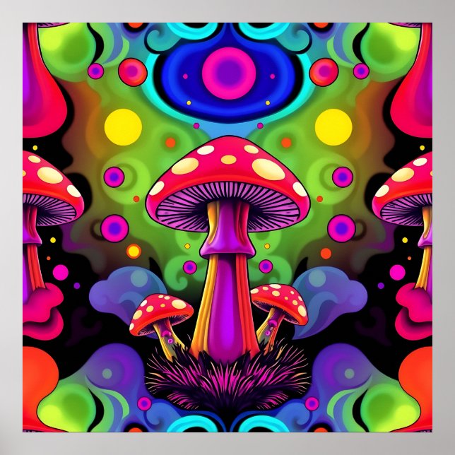 Poster Psychedelic Vibrant Colorful Retro Mushrooms (Devant)