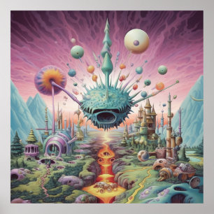 Poster psychédélique avec paysage fantastique