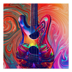 Poster Psychédélique Electrique Acoustique Semi Guitares 