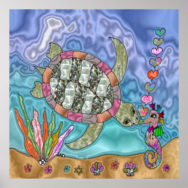 Poster Psychédélique Tortue de mer Cheval Art Carrelage e (Devant)