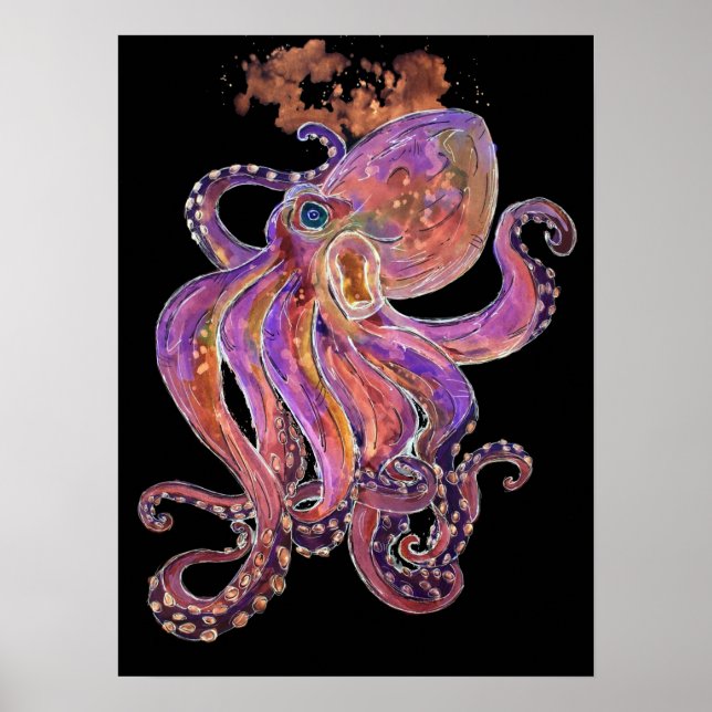 Poster Psychédélique violet profond de mer Kraken (Devant)
