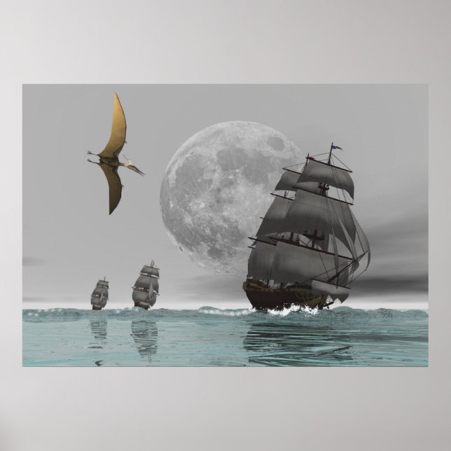 Poster Pteranodon les navires et l'affiche de la lune (Devant)