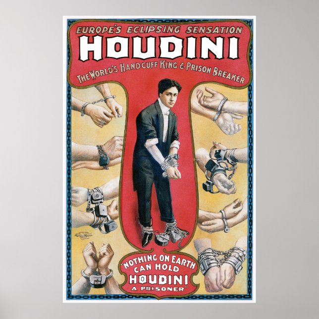 Poster publicitaire vintage Houdini Handcuff King (Devant)
