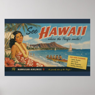 Poster Publicité de voyage hawaïen de style vintage