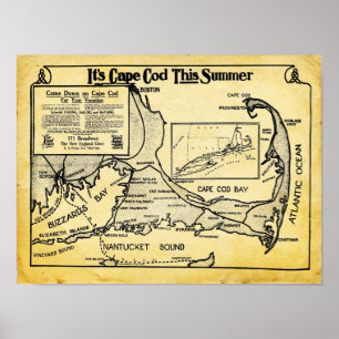 Poster Publicité vintage Cape Cod Travel Avec Carte Impri