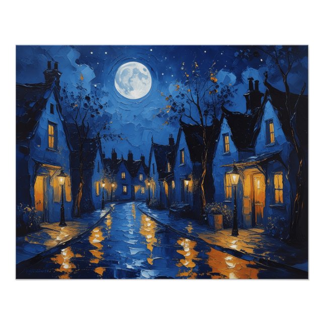 Poster Pueblo de noche con luces (Devant)