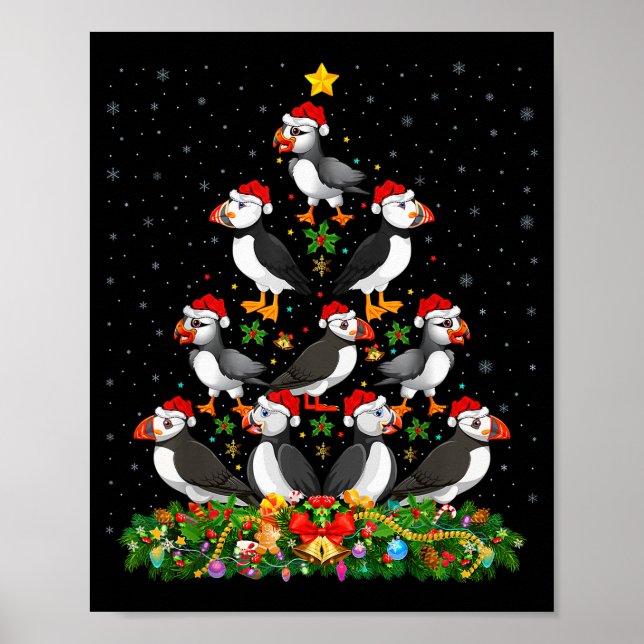 Poster Puffin Bird Xmas Tree Gift Santa Hat Puffin Christ (Devant)