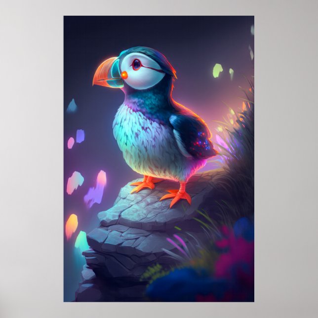 Poster Puffin Oiseau Animal Portrait Peinture Forêt Espri (Devant)
