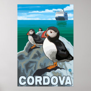 Poster Puffins & Cruise Ship - Cordova, Alaska