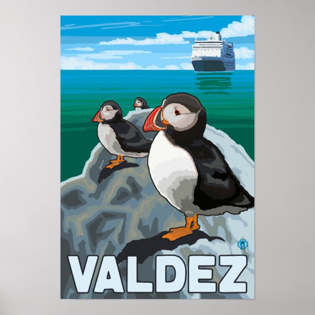 Poster Puffins & Cruise Ship - Valdez, Alaska (Devant)