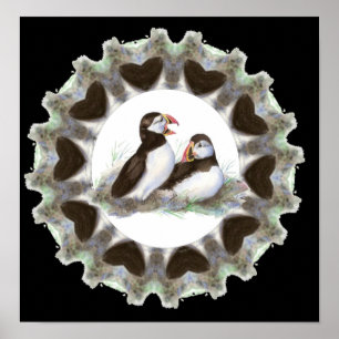 Poster Puffins d'aquarelle avec Coeurs pour les fans de P