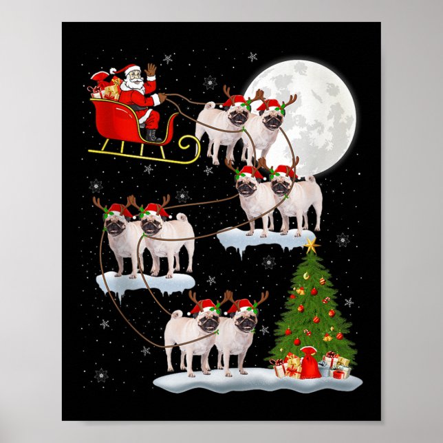 Poster Pug Dogs Santa Sleigh Flying Funny Magical Christm (Devant)