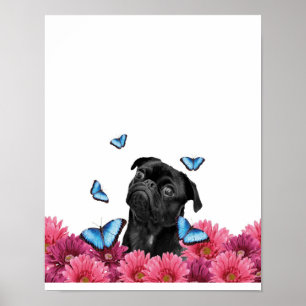 Poster Pug Gerbera Butterflies Cute Black Dog