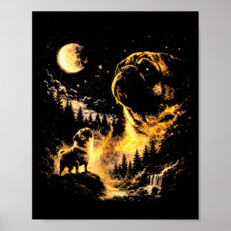 Poster Pug howling to the moon vintage 90s funny dog