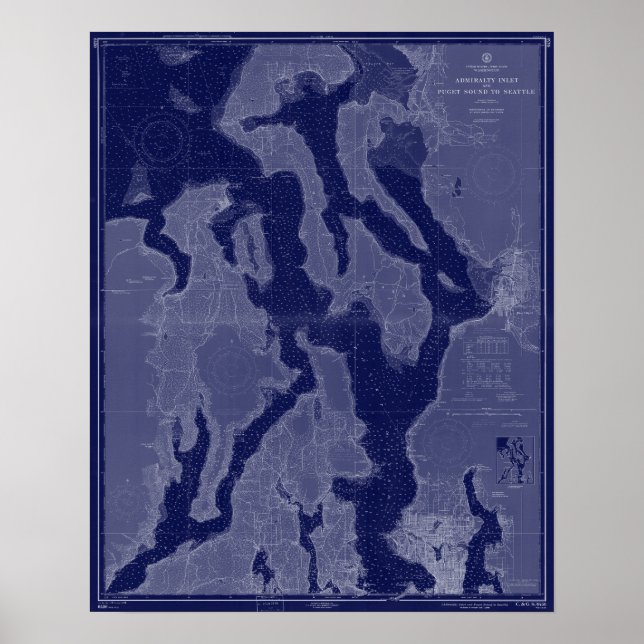 Poster Puget Sound Seattle WA Carte Carte Carte marine Bl (Devant)