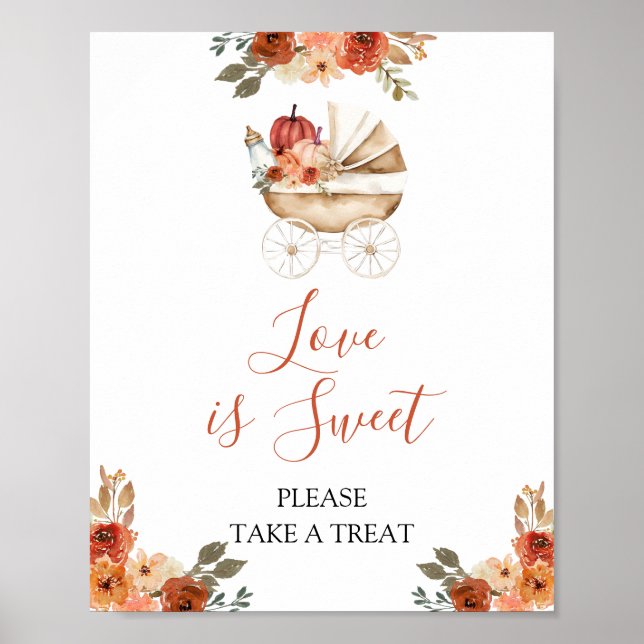 Poster Pumpkin Stroller Floral Baby Shower Love is Sweet (Devant)