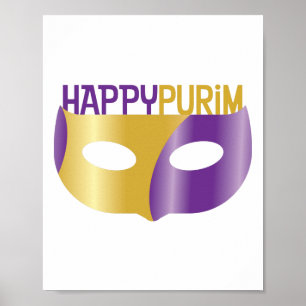 Poster Purim et masque violet or heureux