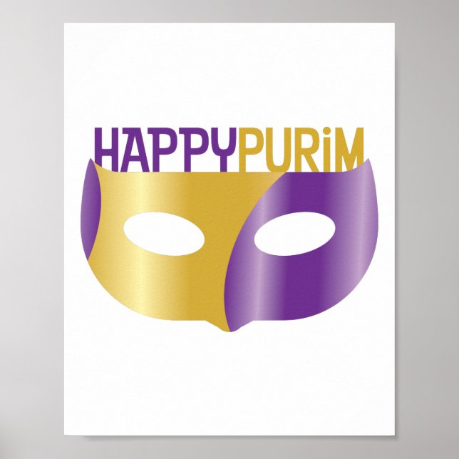 Poster Purim et masque violet or heureux (Devant)