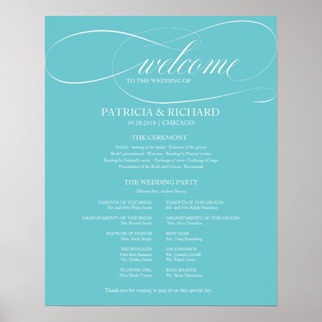 Poster Purist Blue Mariage Ceremony Program Board (Devant)