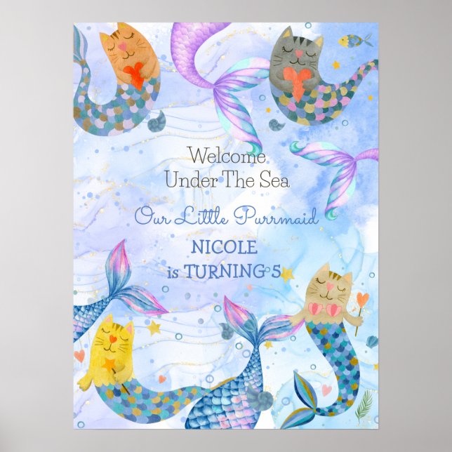 Poster Purmaid chat sirène fille anniversaire bienvenue (Devant)
