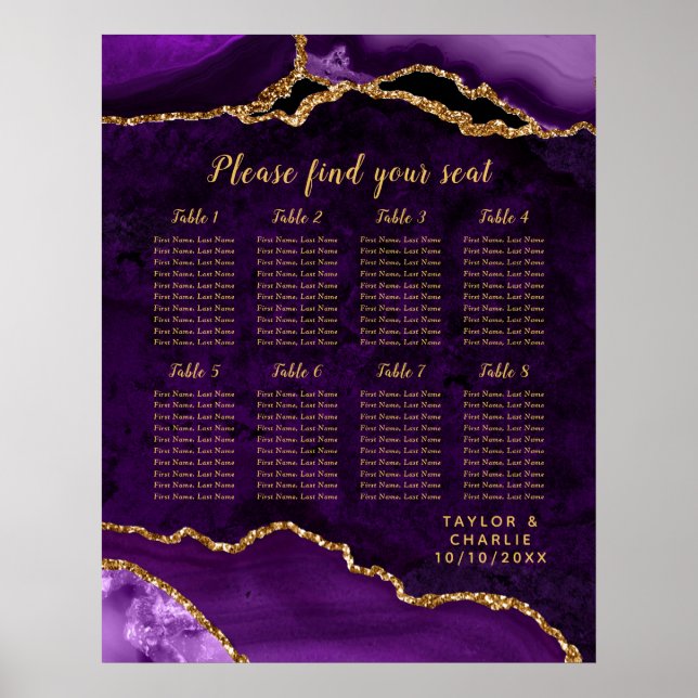 Poster Purple and Gold Agate Wedding Seating Chart (Devant)